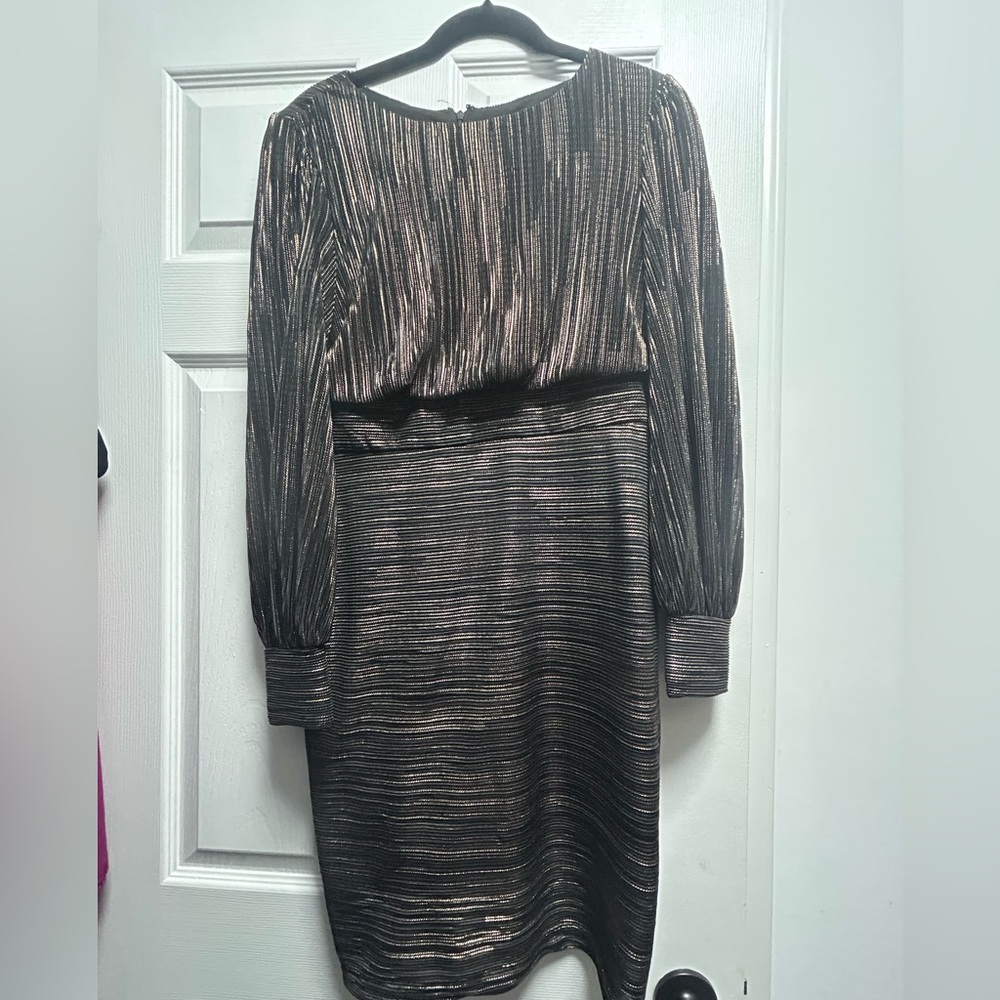 Night Way Collections Black weaved Pleated Sheath Dress w/ Bishop Sleeves